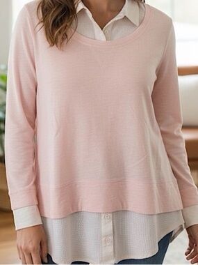 Tommy Hilfiger Pale Pink Layered-Look Top w/ collar & cuffs